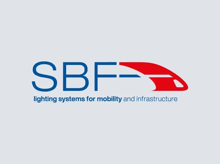 Logo der SBF Spezialleuchten GmbH auf farbiger Hintergrundfläche innerhalb der Unternehmensübersicht der SBF AG.