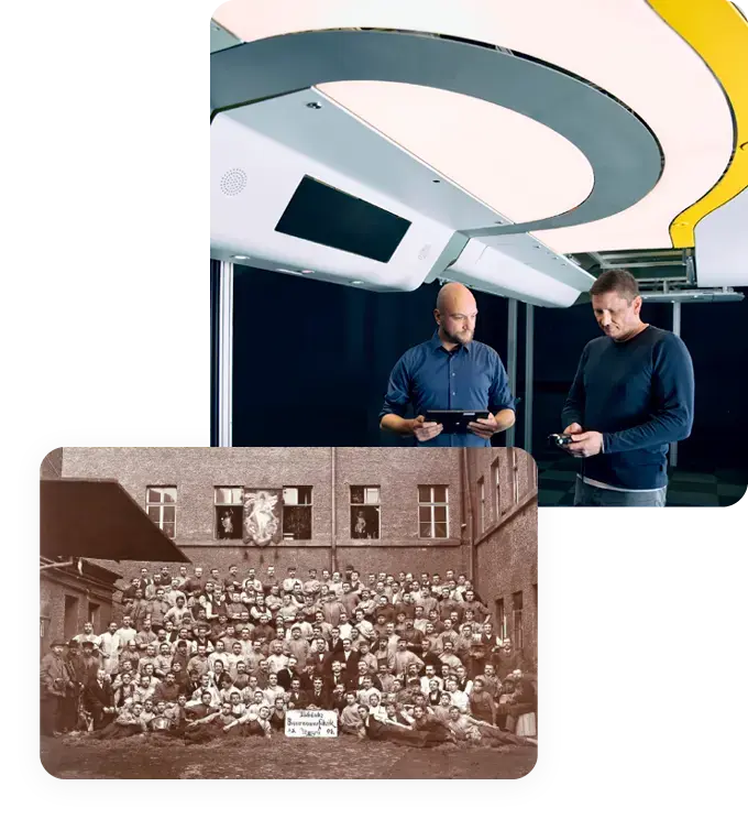 Historische Aufnahme und modernes Entwicklungsumfeld der SBF AG als Sinnbild für die Entwicklung von einem traditionsreichen Unternehmen zur Technologiegruppe.